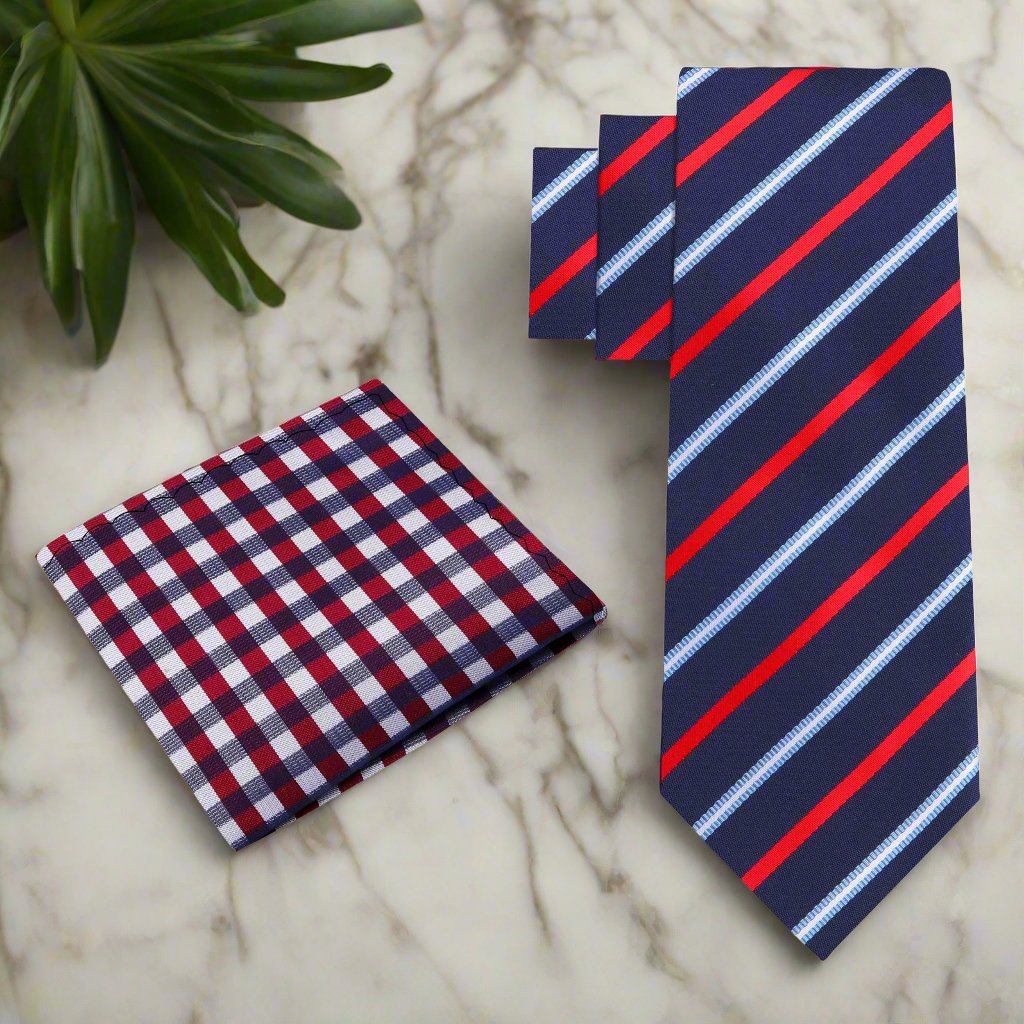 Main Accenting View: Blue, Red, Light Blue Stripe Tie with Accenting Check Pocket Square