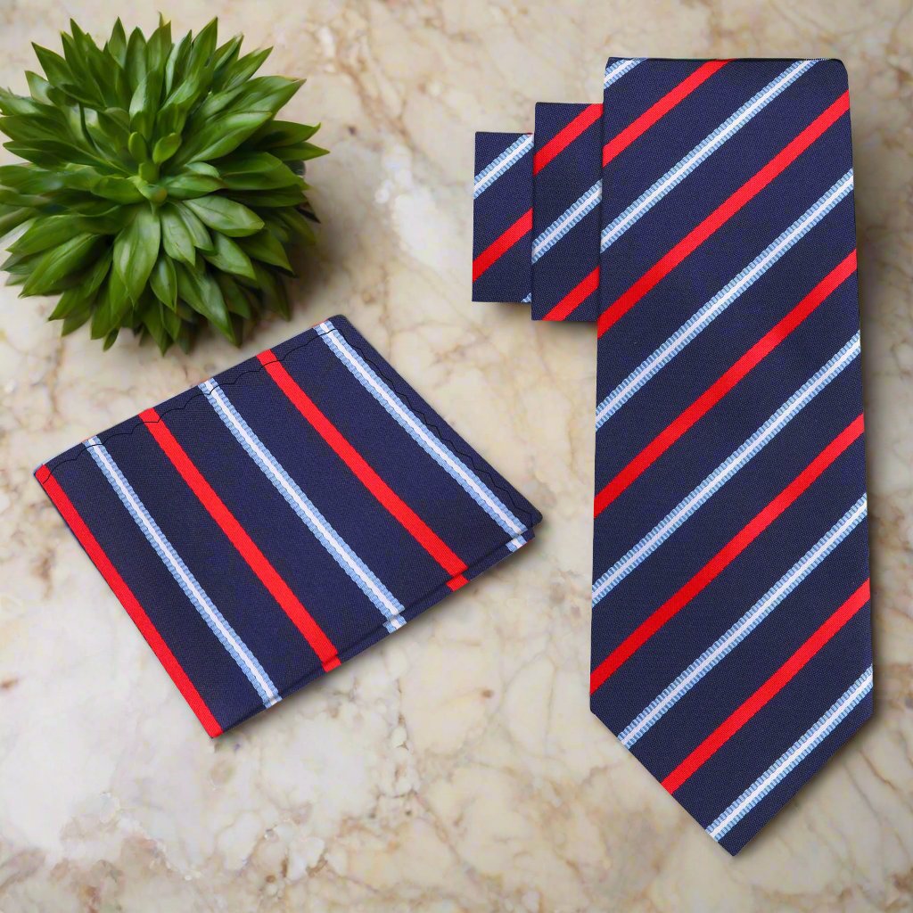 Alt View: Blue, Red, Light Blue Stripe Tie  with Matching Pocket Square