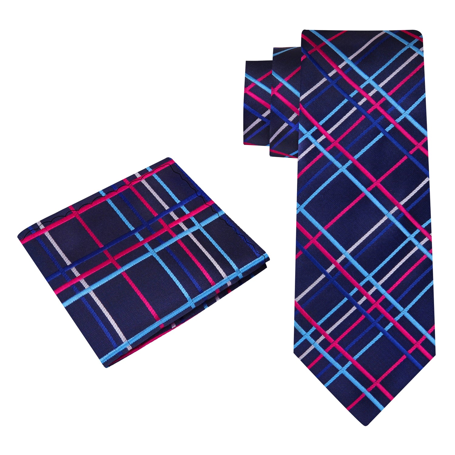 Alt View: Blue Pink Plaid Tie and Pocket Square