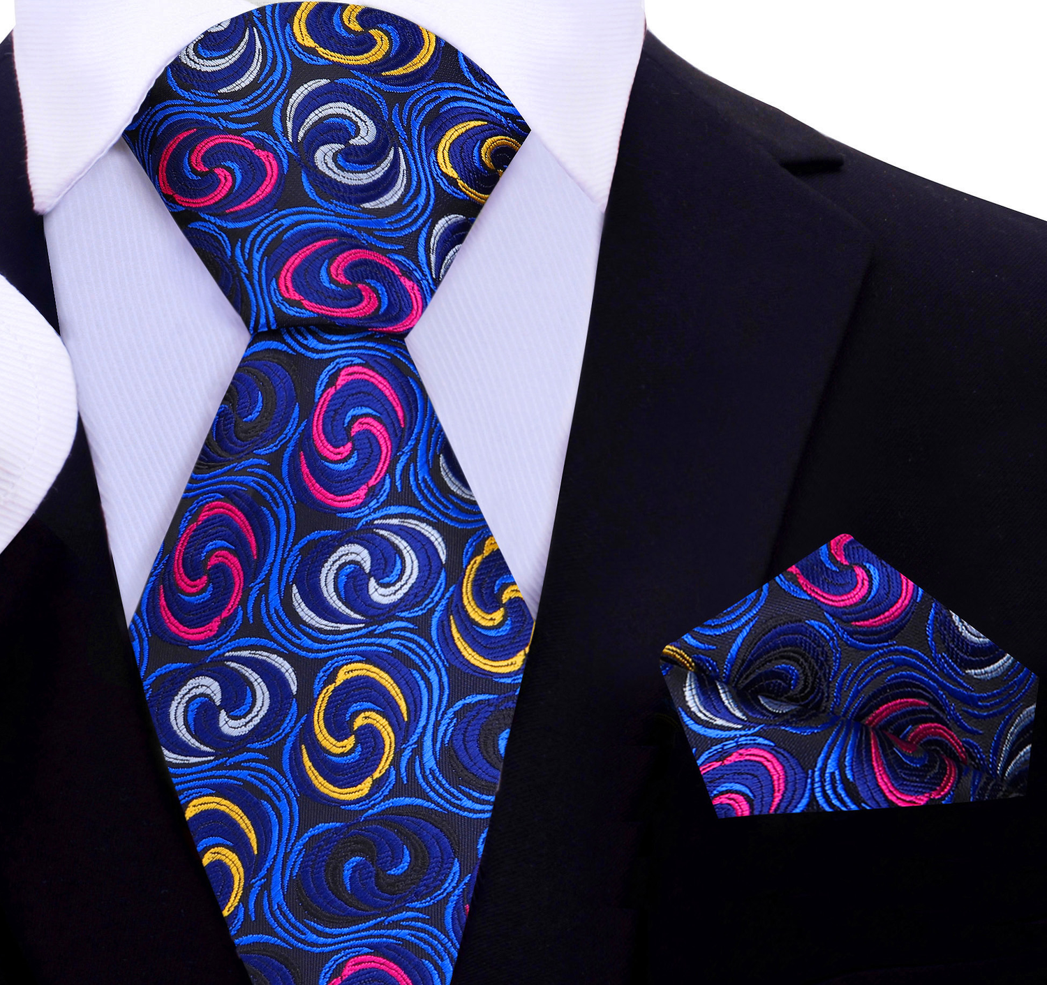 Blue, Yellow, Pink Abstract Swirls Tie and Square