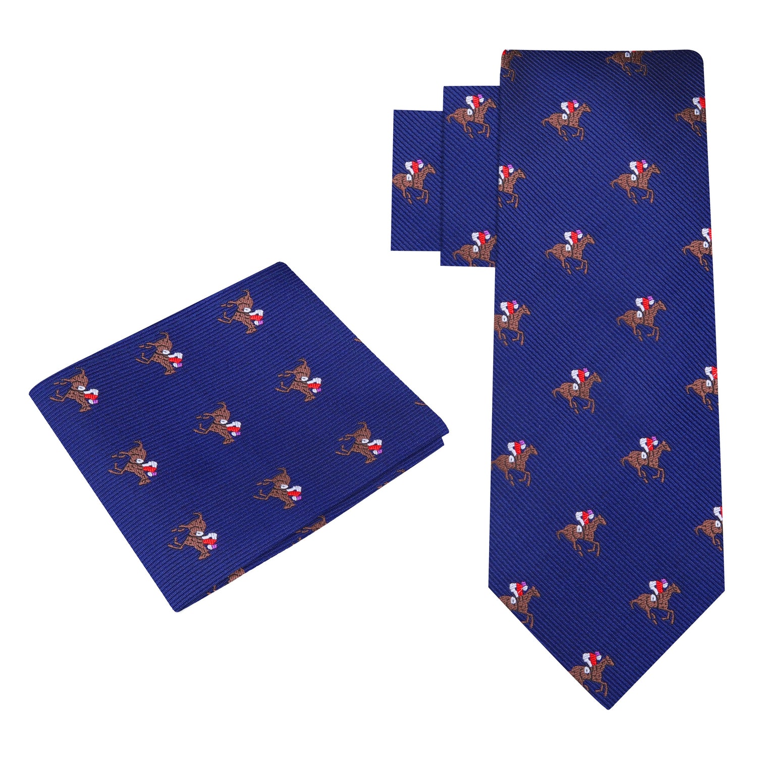 Dark Blue Red Brown White Racehorse and Jockey Thoroughbred Silk Necktie and Pocket Square 12