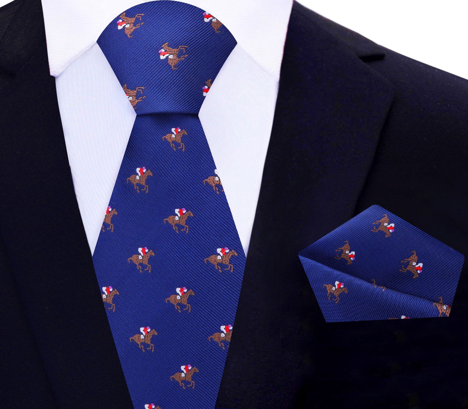 Dark Blue Red Brown White Racehorse and Jockey Thoroughbred Silk Necktie and Pocket Square 3