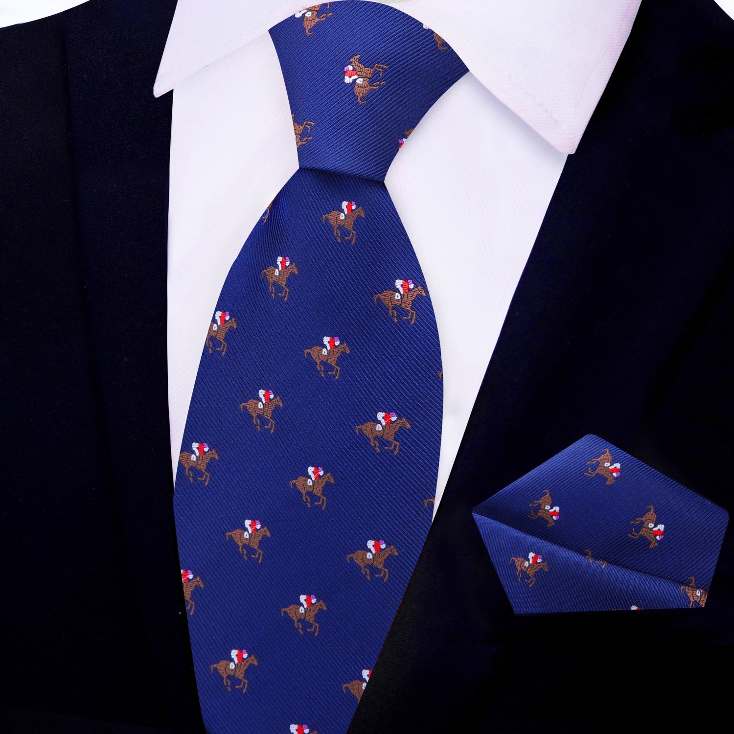 Dark Blue Red Brown White Racehorse and Jockey Thoroughbred Silk Necktie and Pocket Square