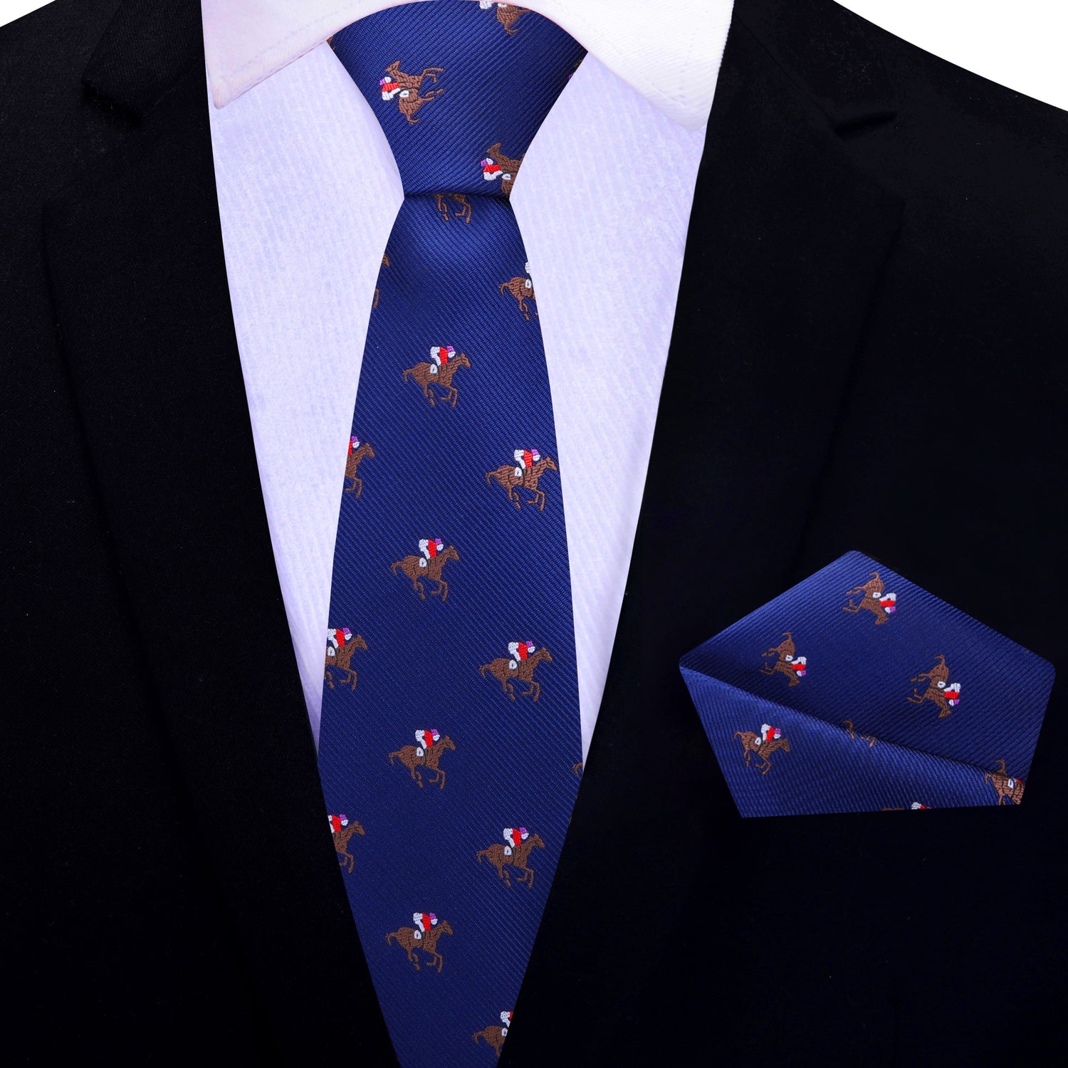 Dark Blue Red Brown White Racehorse and Jockey Thoroughbred Silk Thin Necktie and Pocket Square