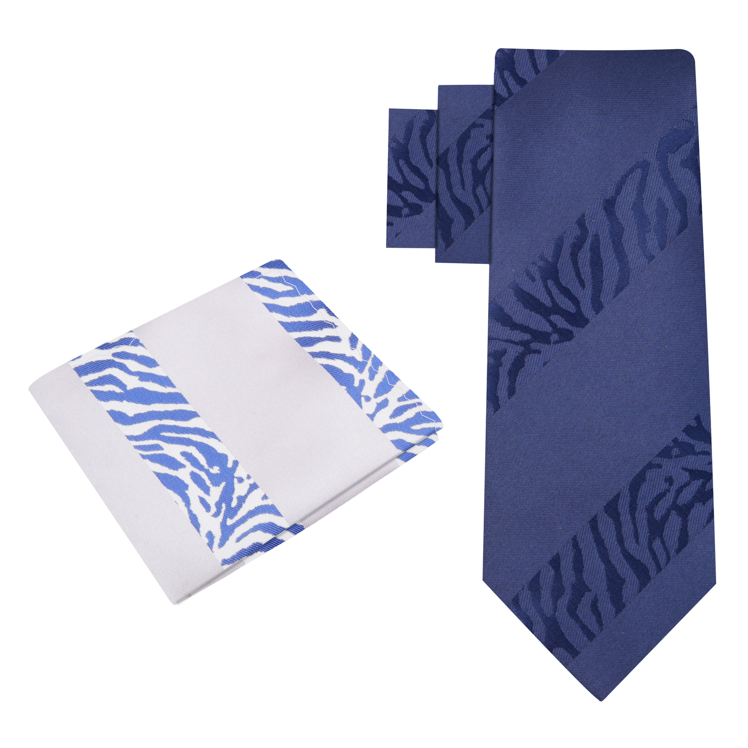 View 2: Dark Blue Tiger Tie and White Pocket Square