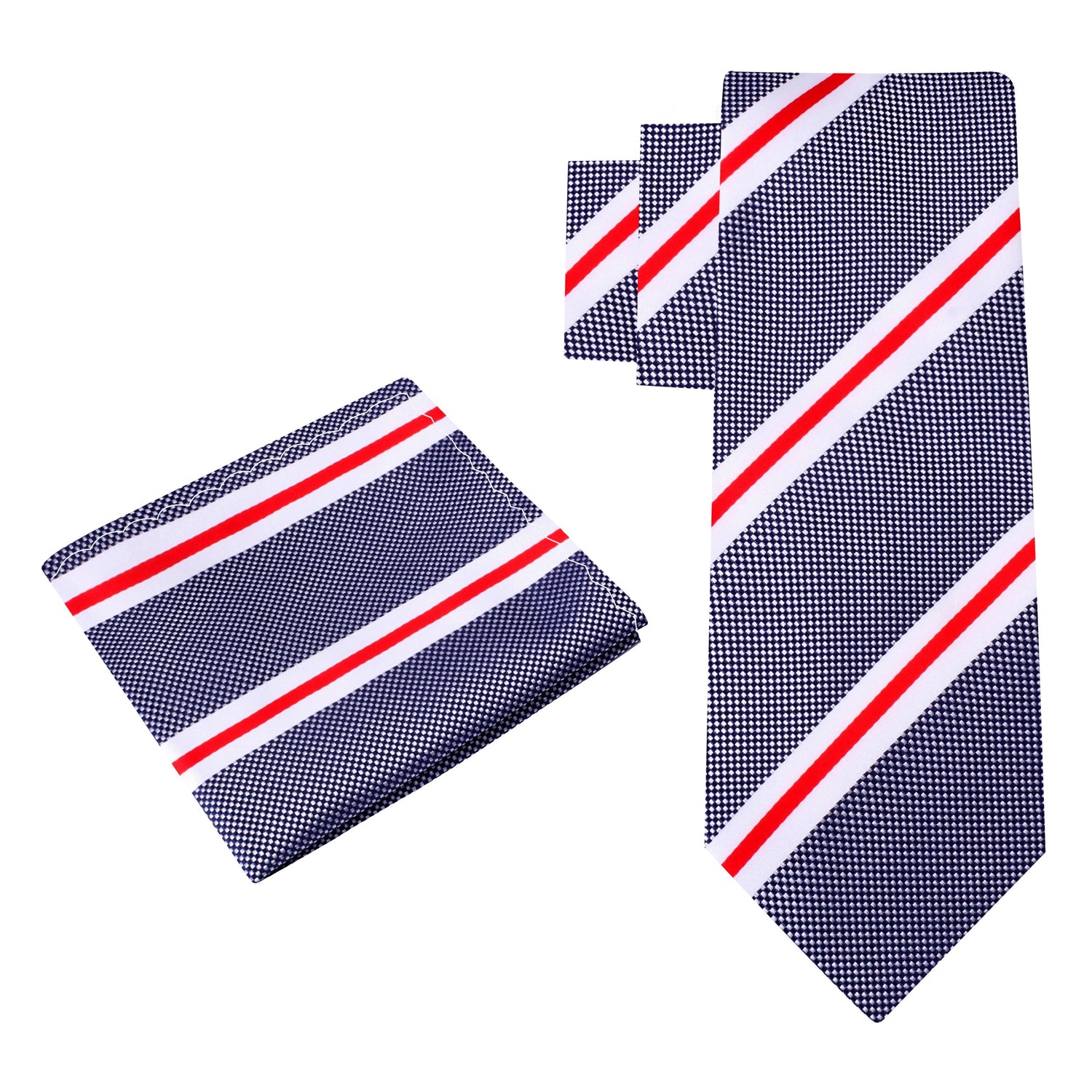 Alt View: Dark Blue, White, Red Dapper Stripe Tie and Pocket Square