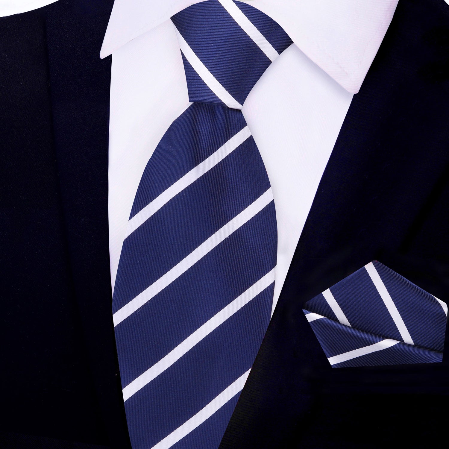 View 2: Blue with White Stripe Necktie with Matching Square