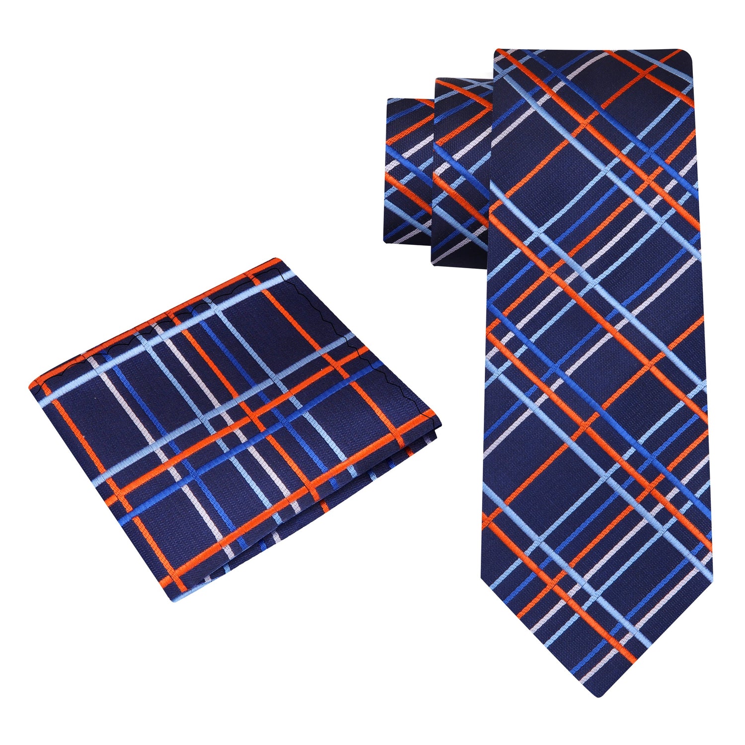 Alt View: Blue Orange Plaid Tie and Pocket Square