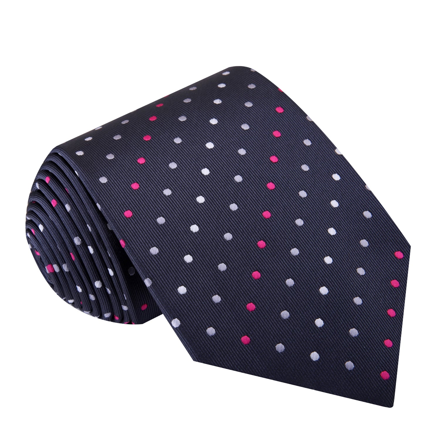 A Charcoal, White, Pink Polka Dot Pattern Silk Necktie 