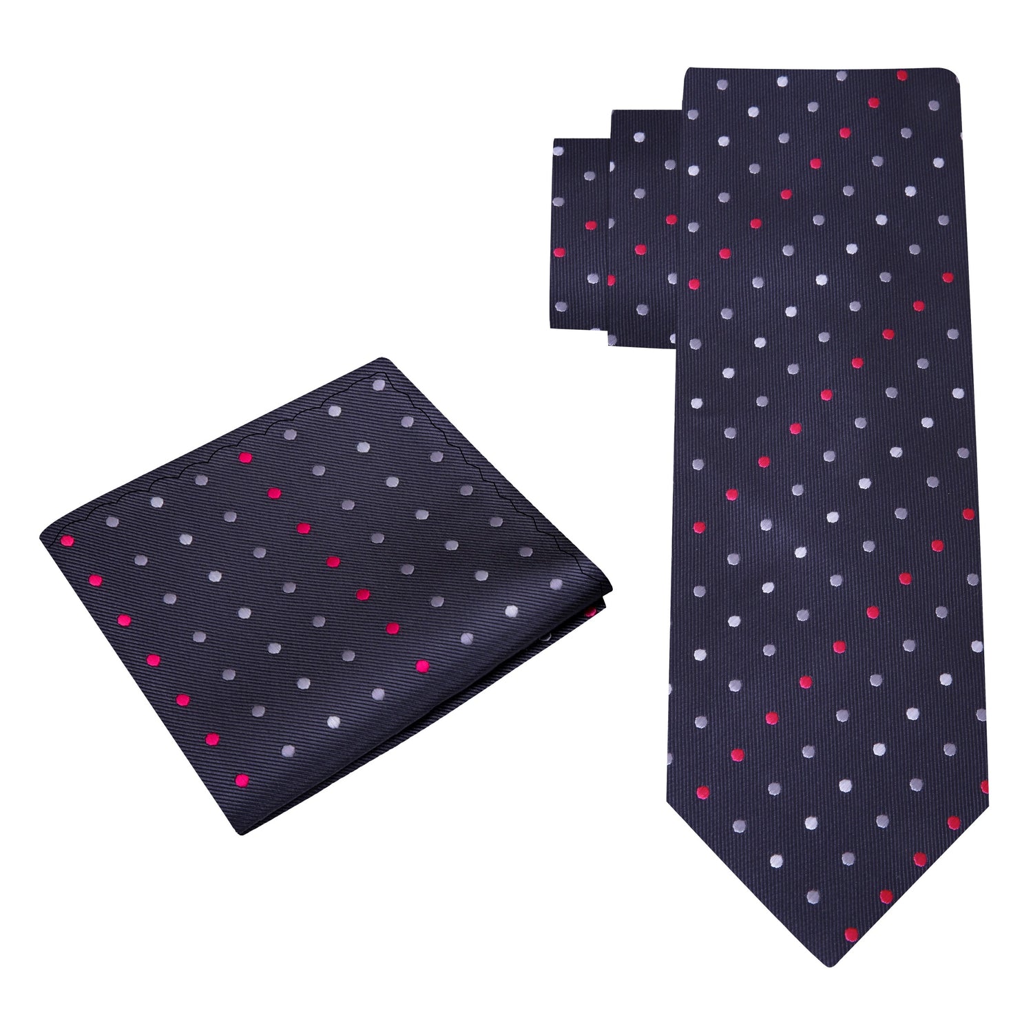 Alt view: A Charcoal, White, Pink Polka Dot Pattern Silk Necktie, Matching Pocket Square