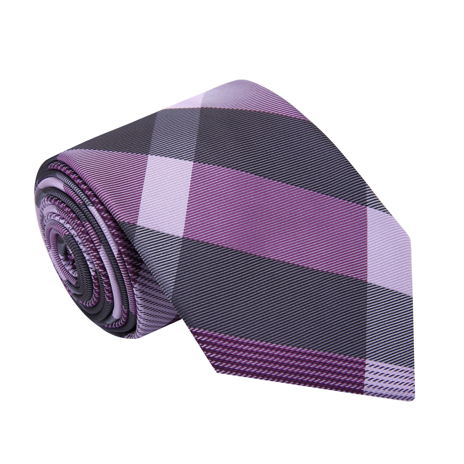Purple, Light Purple Plaid Pattern Silk Necktie