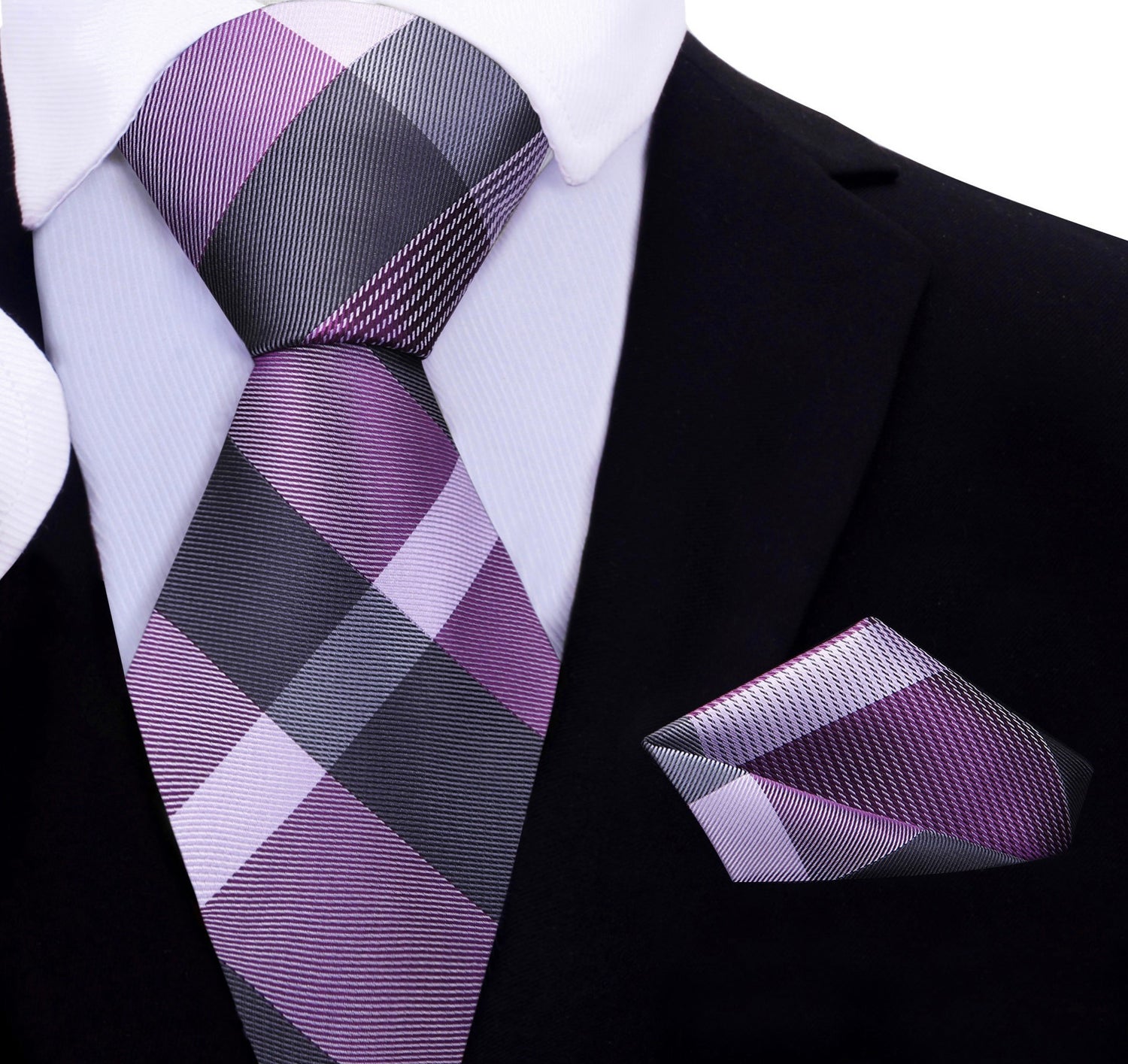 Purple, Light Purple Plaid Pattern Silk Necktie, Matching Pocket Square
