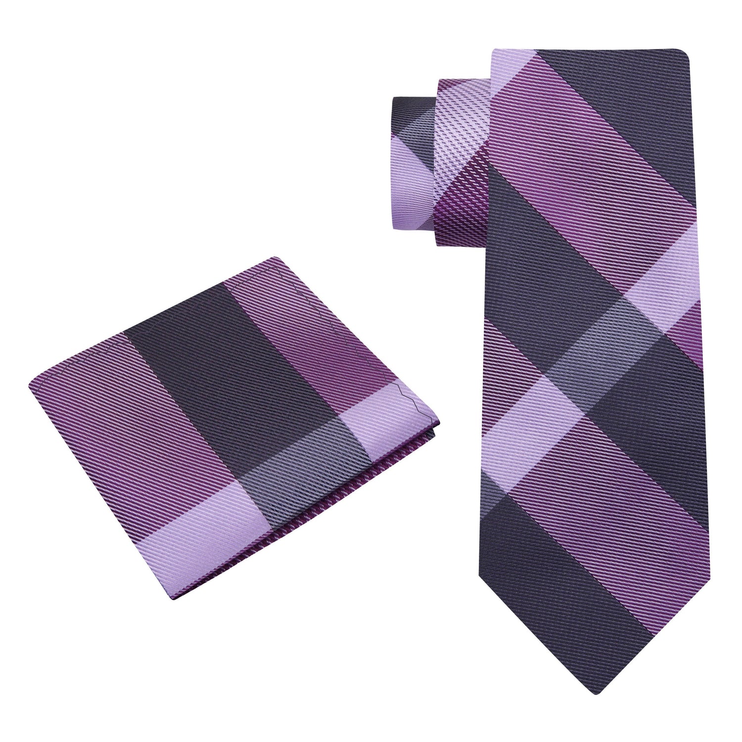 Alt View: Purple, Light Purple Plaid Pattern Silk Necktie, Matching Pocket Square