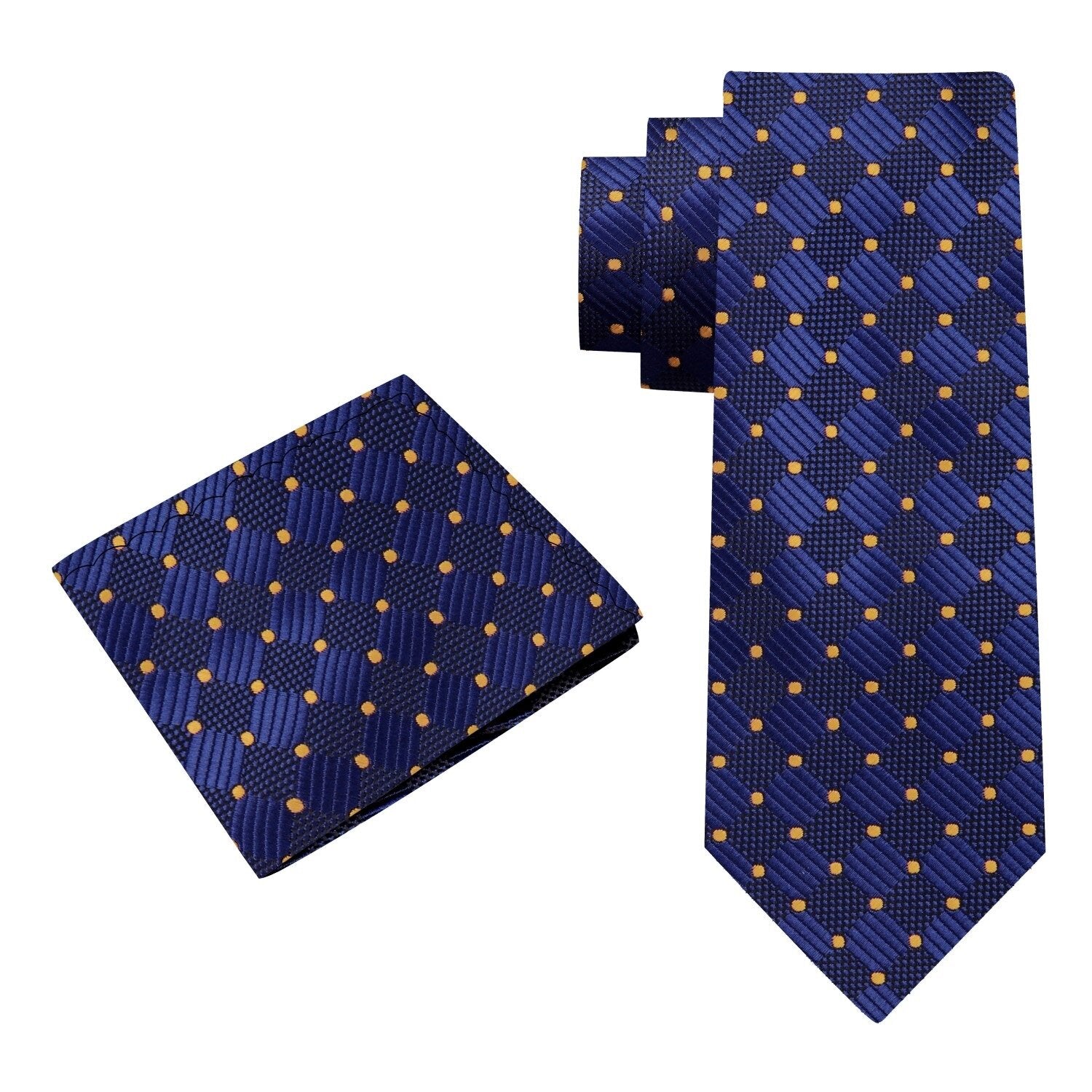 Alt View: A Dark Blue Geometric Diamond With Small Dots Pattern Silk Necktie With Matching Pocket Square