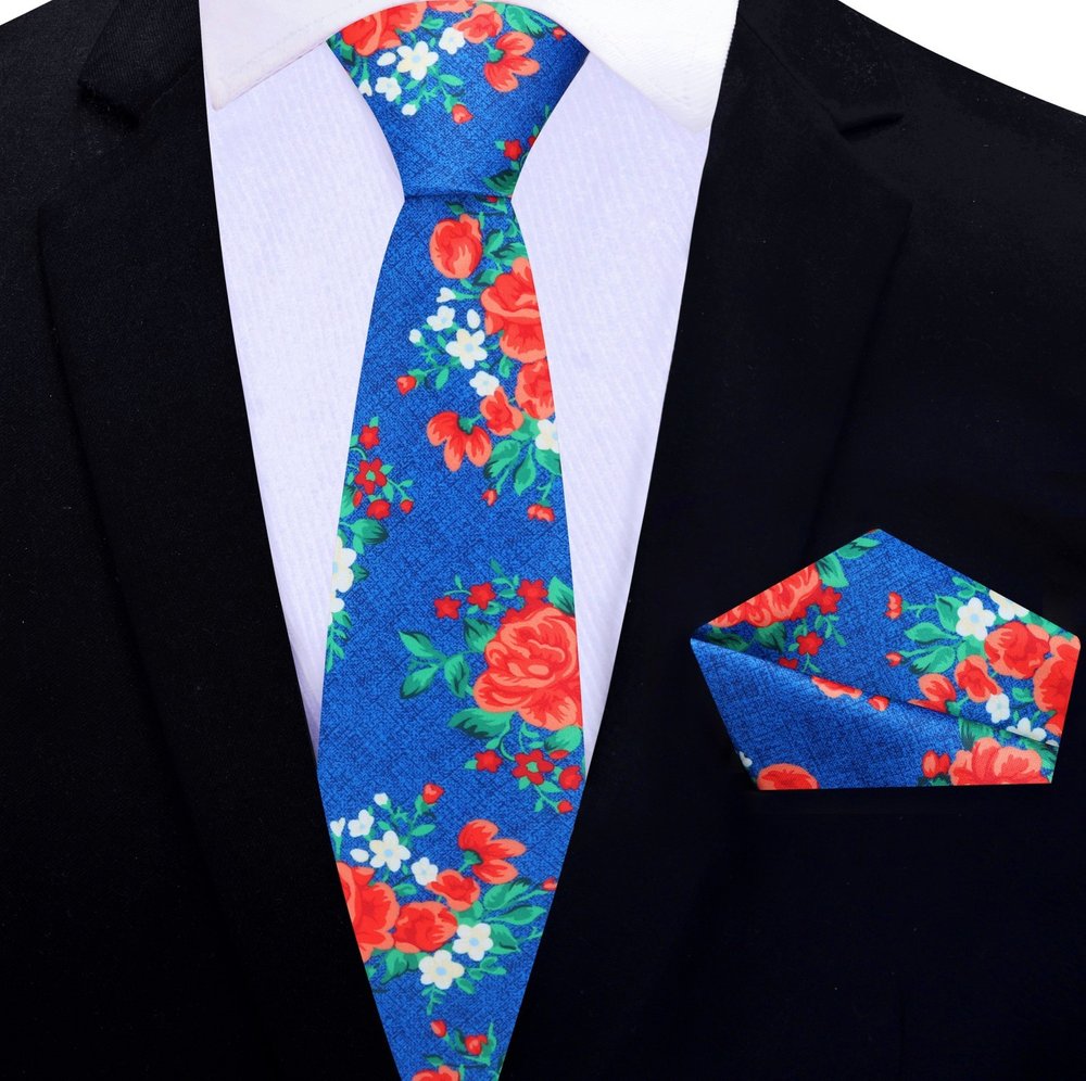 Thin Tie: Rich Blue, Red, Green Rose Bunches Tie and Pocket Square||Rich Blue