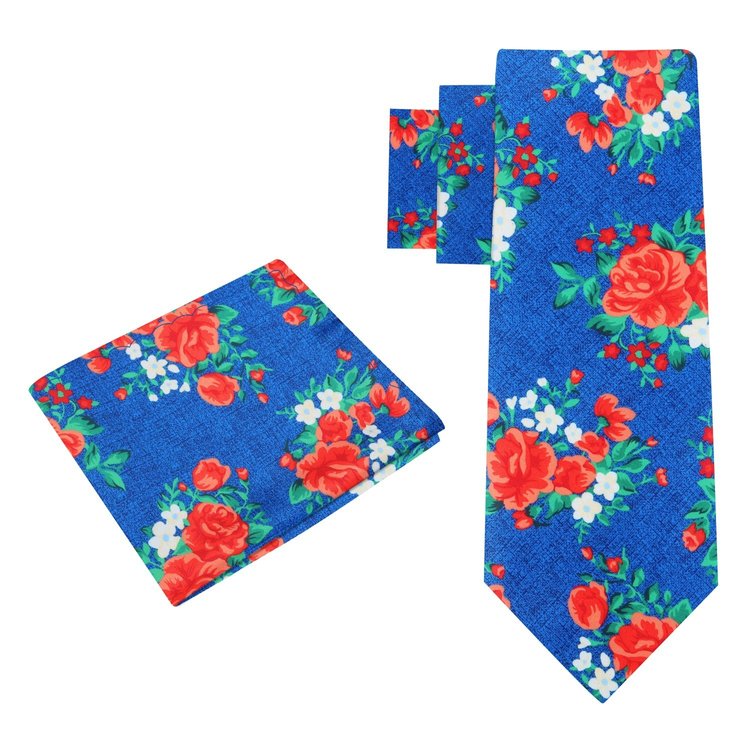 Alt View: Rich Blue, Red, Green Rose Bunches Tie and Pocket Square