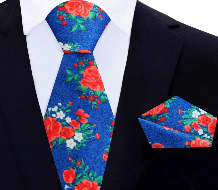 Main View: Rich Blue, Red, Green Rose Bunches Tie and Pocket Square