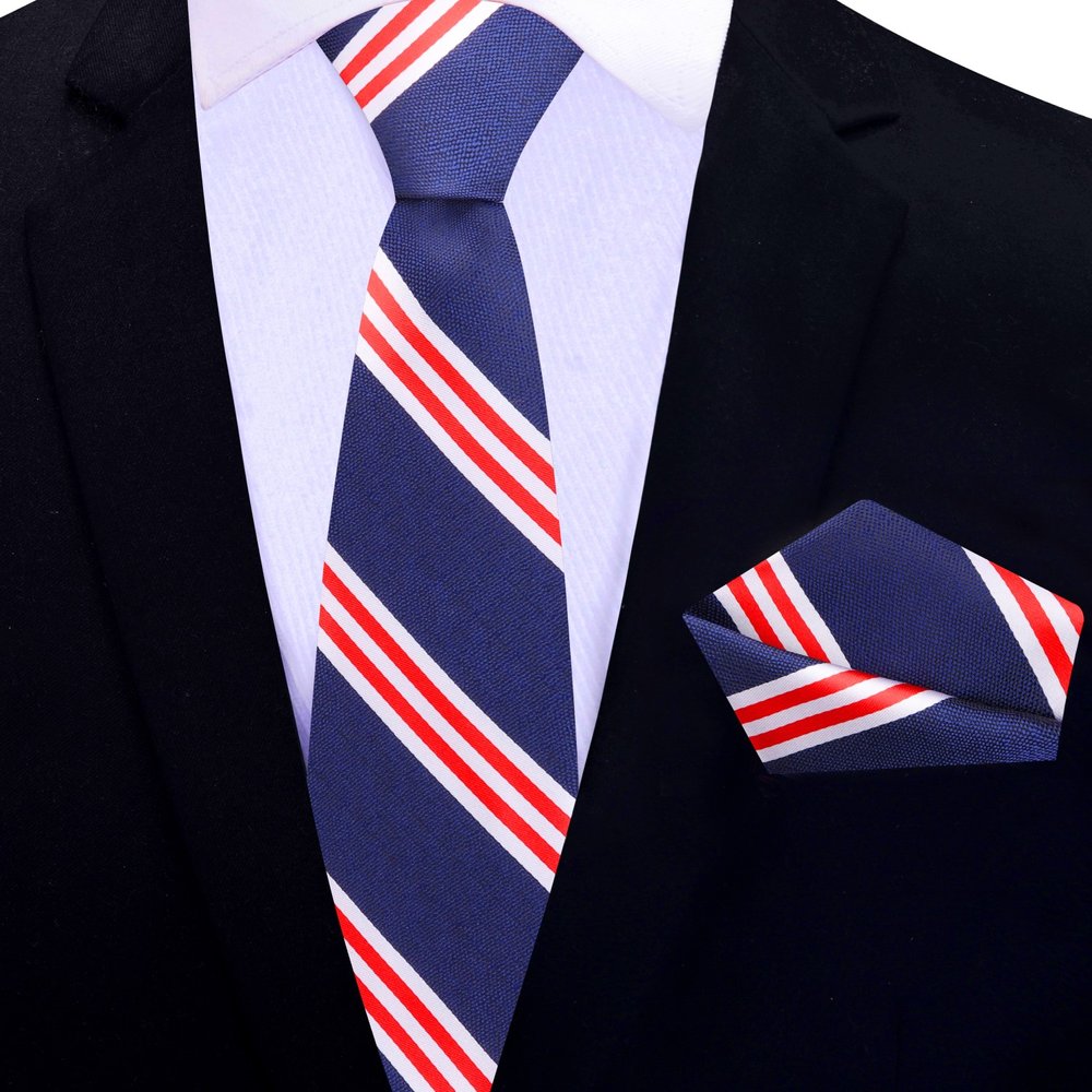 Dark Blue, Red Stripe Thin Tie and Square||Dark Blue