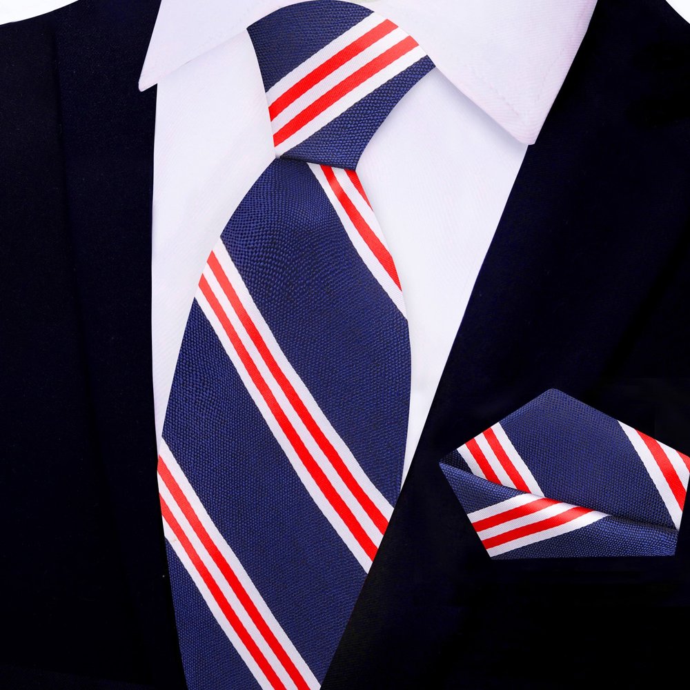 Dark Blue, Red Stripe Tie and Square||Dark Blue