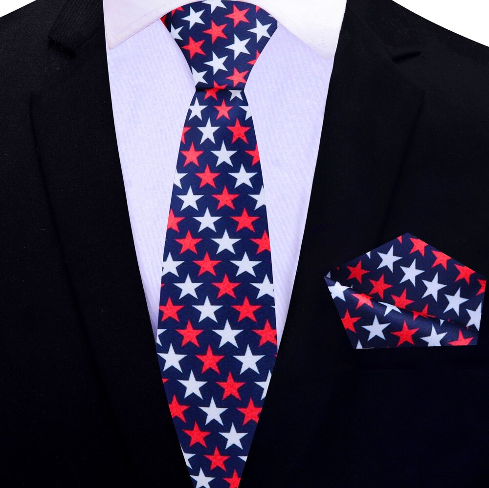 Blue with Red and White Stars Thin Tie and Pocket Square