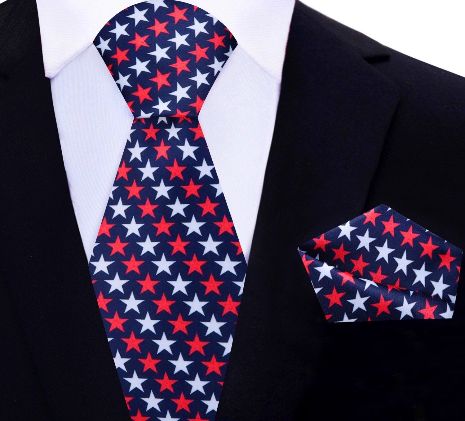 Main View: Blue with Red and White Stars Tie and Pocket Square