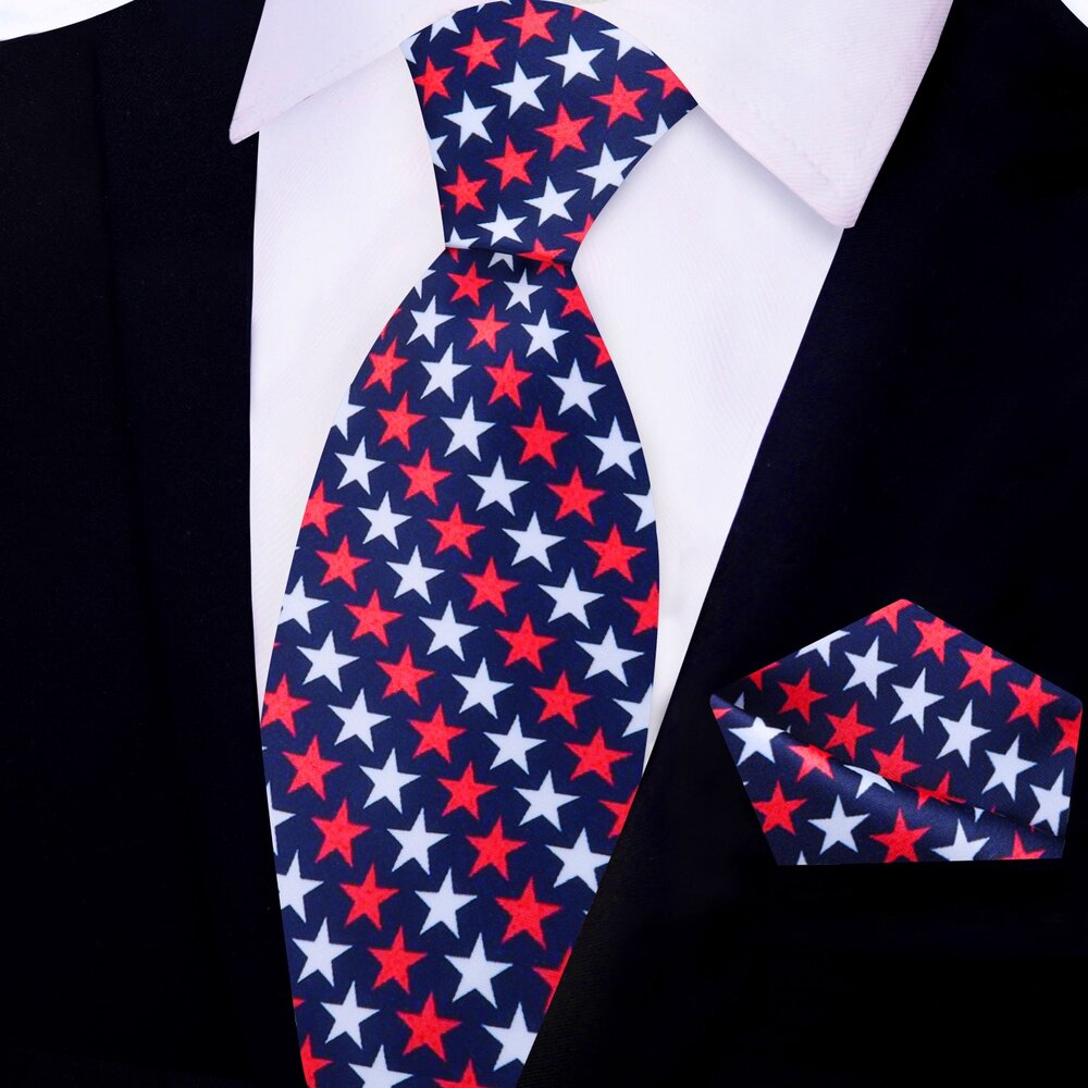 Blue with Red and White Stars Tie and Pocket Square