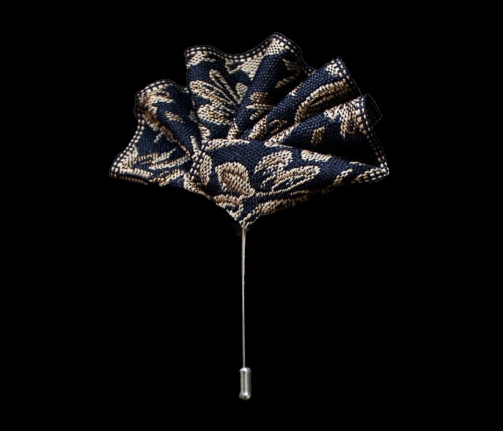 A Dark Blue with Gold Brown Floral Pattern Pocket Square Lapel Pin||Dark Blue with Light Brown, Gold Floral