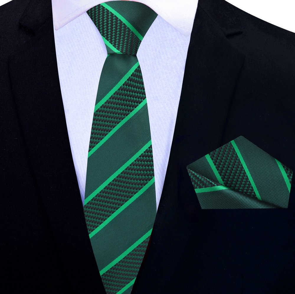 Deep Green, Green Stripe Thin Tie and Pocket Square||Deep Green