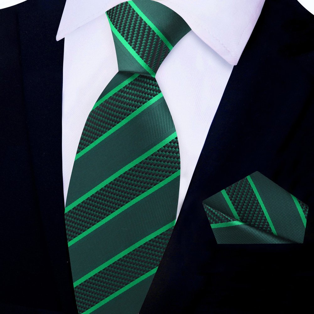 Deep Green, Green Stripe Tie and Pocket Square||Deep Green