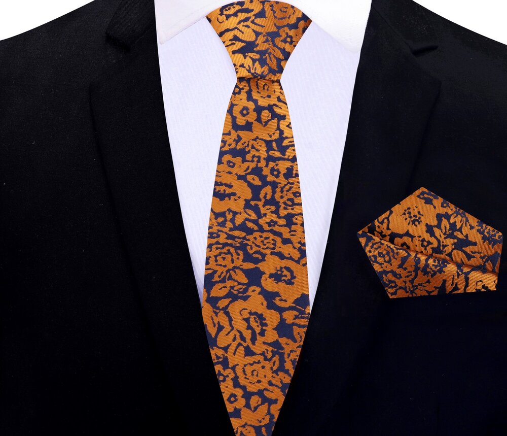 Thin Tie View: Deep Blue With Rusted Orange Flowers Tie and Pocket Square