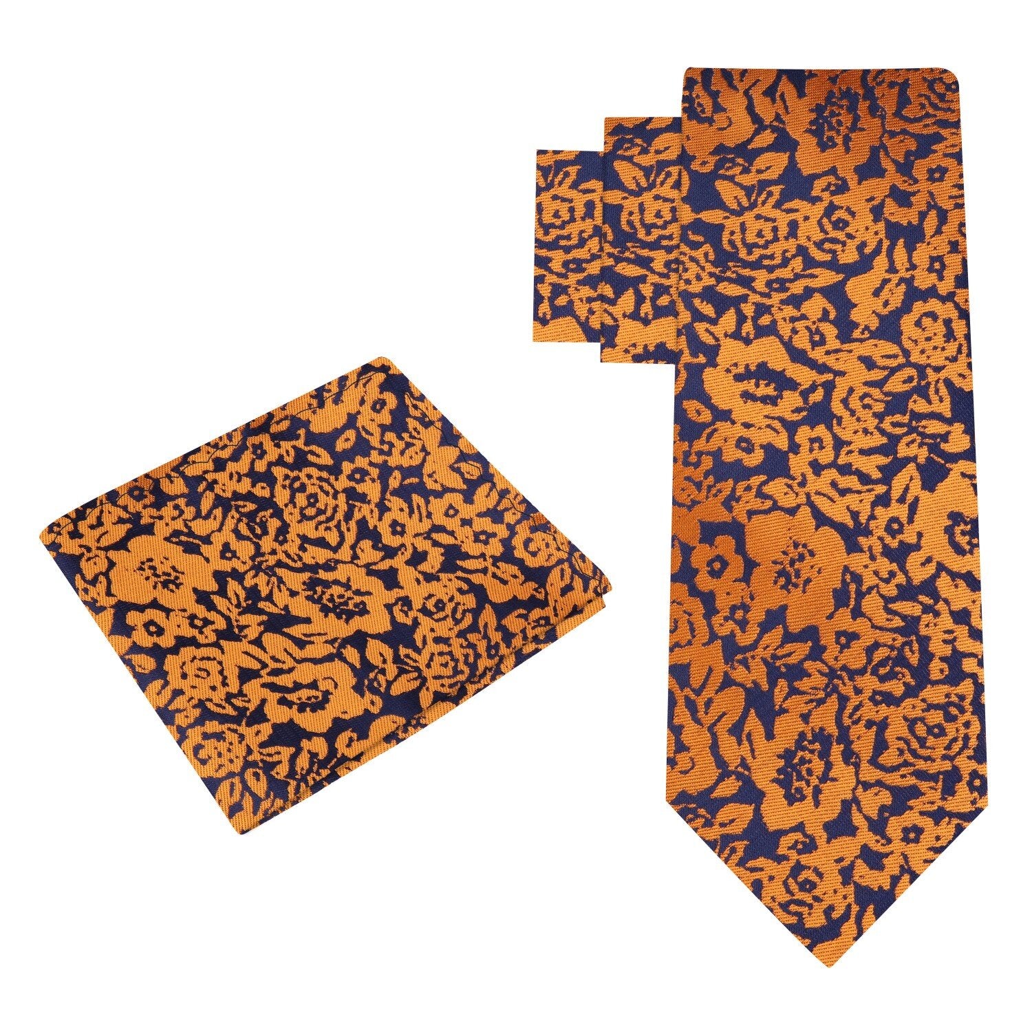 Alt view: A deep blue and rusty orange floral tie and pocket square