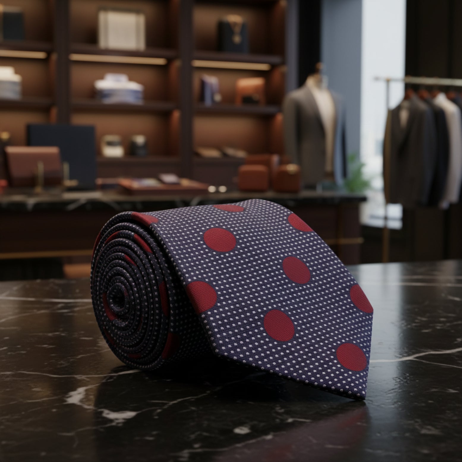 Boys Navy Blue and Deep Red Polka Dot Necktie with Pocket Square Optio