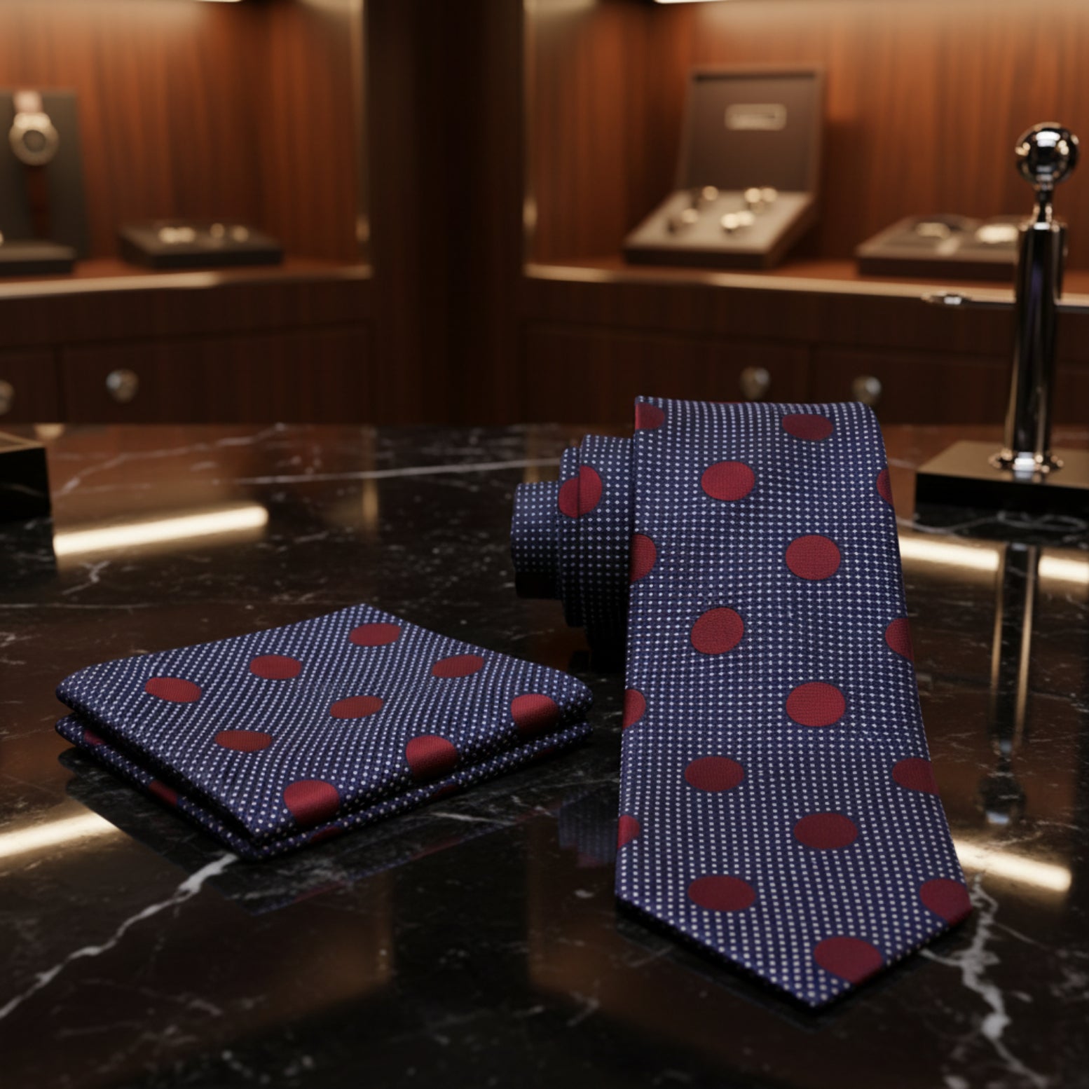 Boys Navy Blue and Deep Red Polka Dot Necktie with Pocket Square Optio