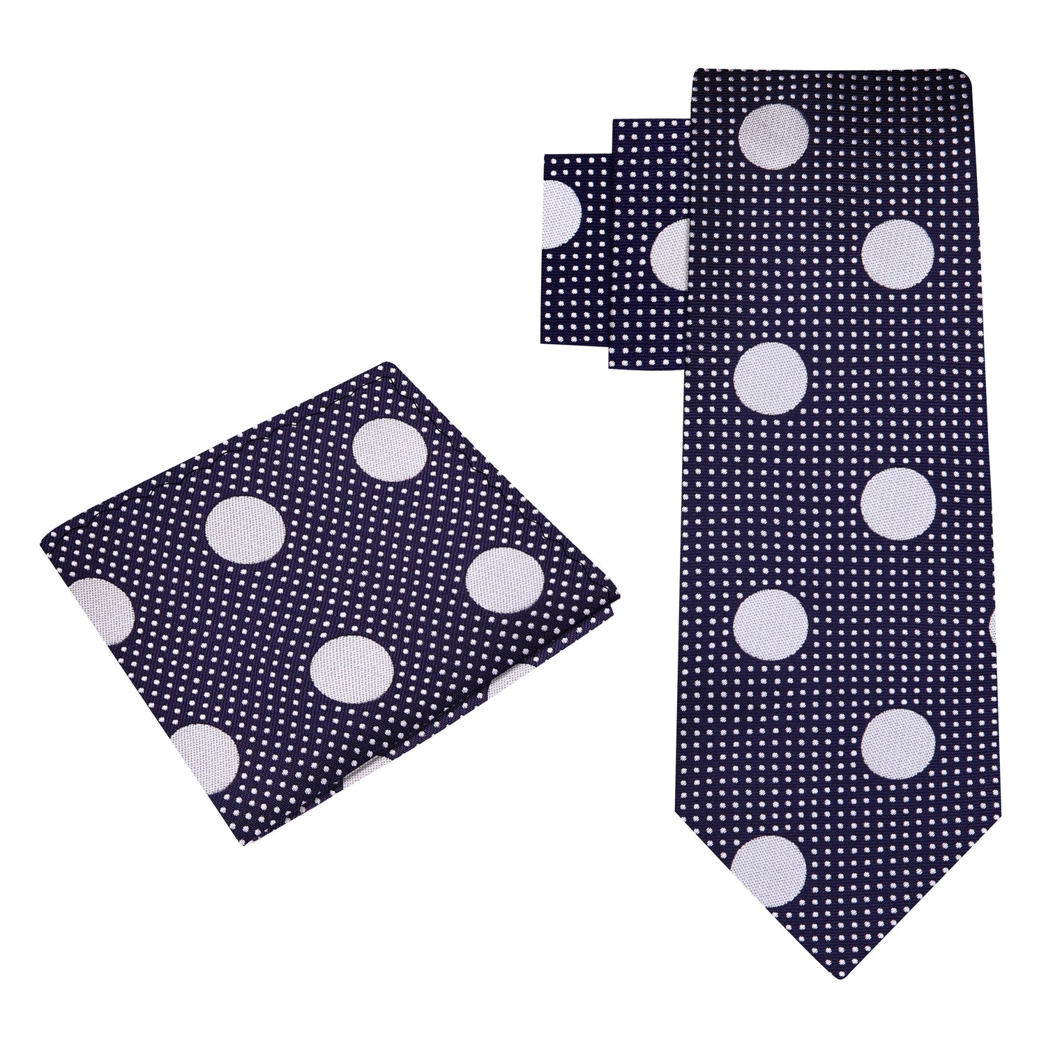 Alt View: A Dark Blue, Grey Dots Pattern Silk Necktie, Matching Pocket Square