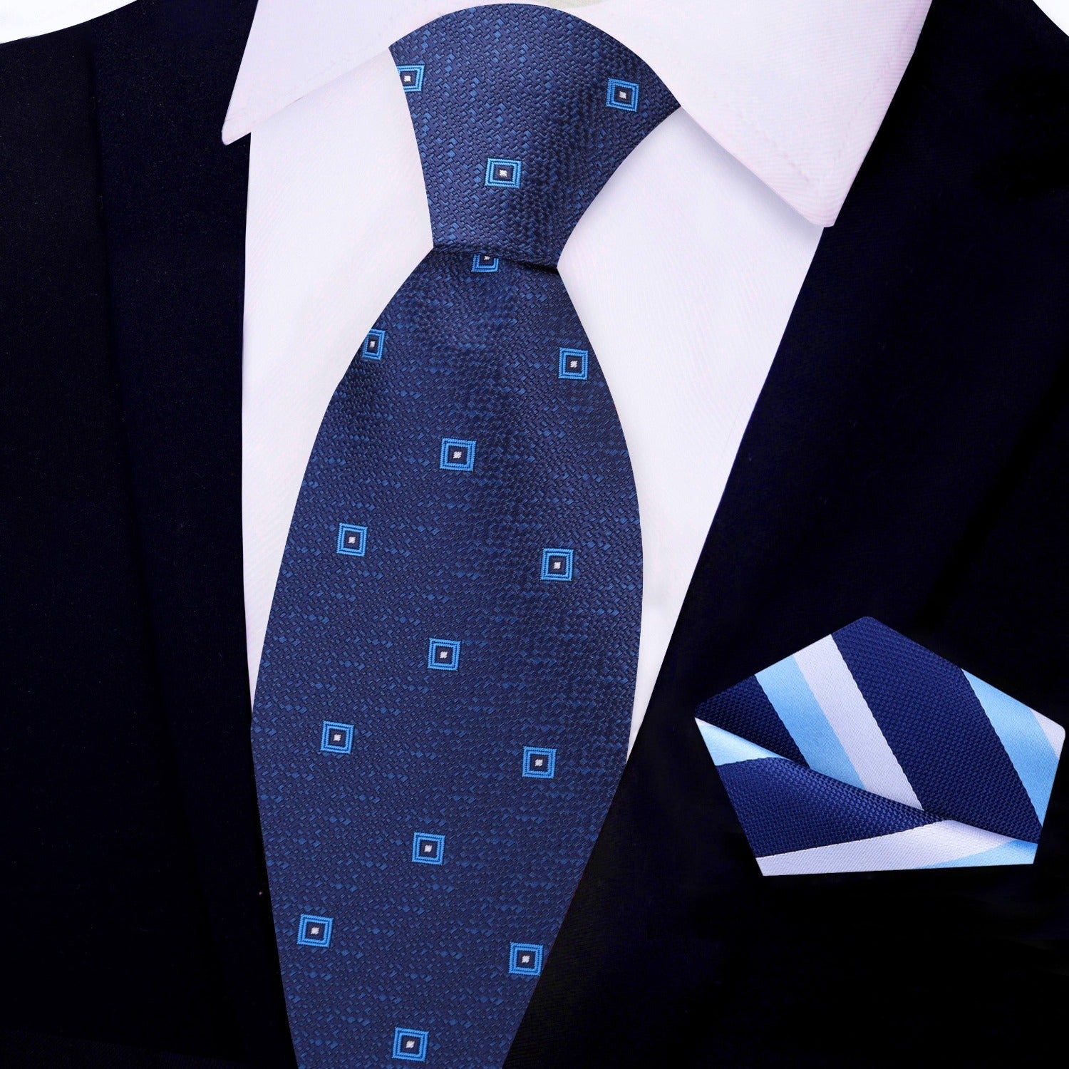 Dark Blue, Light Blue with Blue and White Stripe  Pocket Square