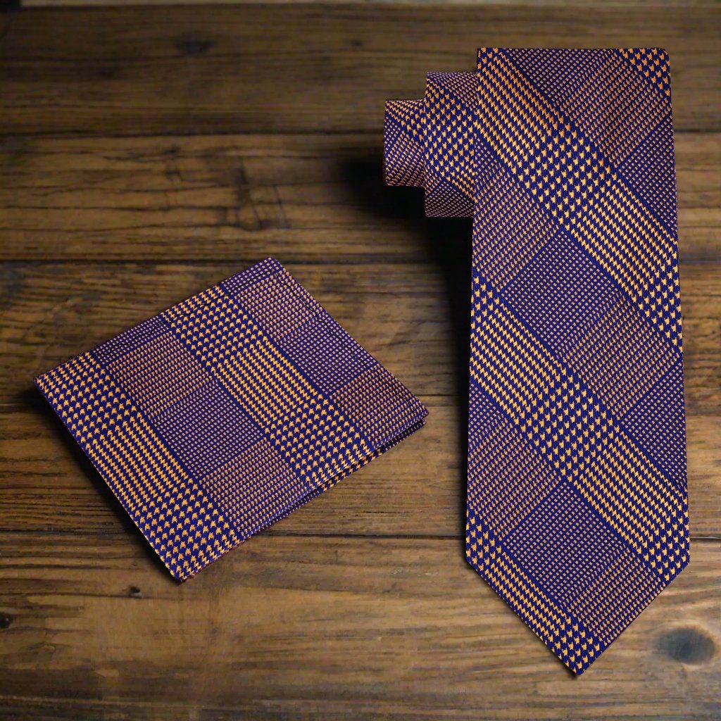 Alt View: Blue and Orange Stanford Geometric Plaid Tie and Pocket Square