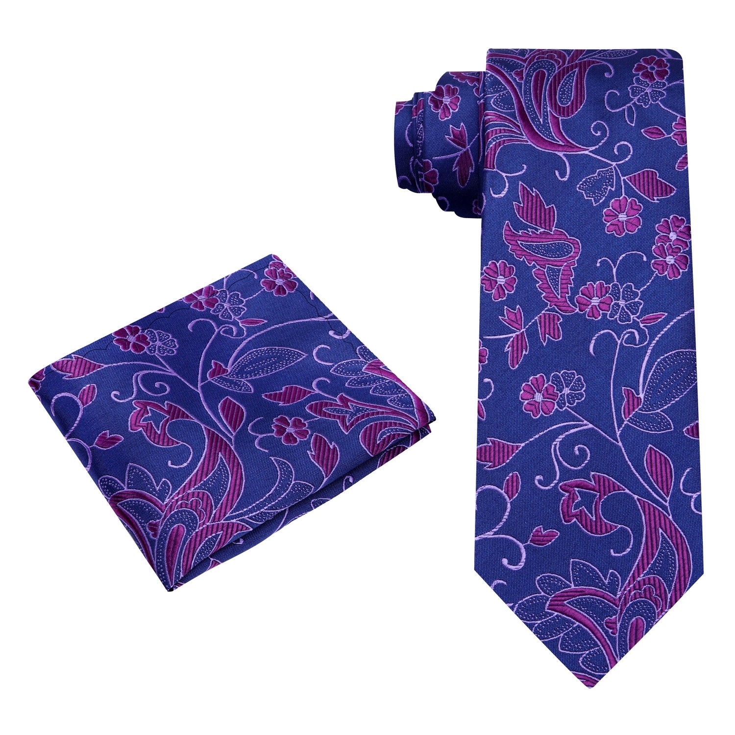 Alt View: A Purple, Royal Floral Pattern Silk Necktie, Matching Pocket Square