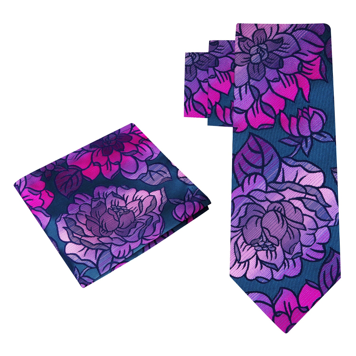 Alt View: A Purple, Light Purple Abstract Flower Pattern Silk Necktie, Matching Pocket Square