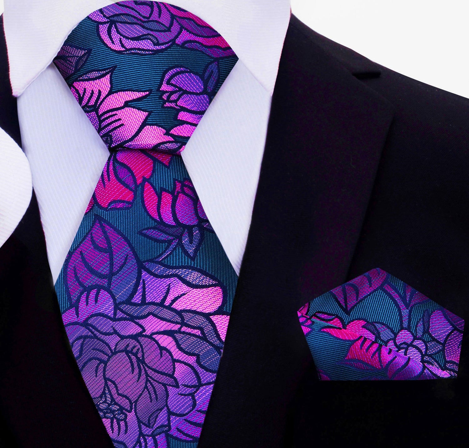 Main View: A Purple, Light Purple Abstract Flower Pattern Silk Necktie, Matching Pocket Square