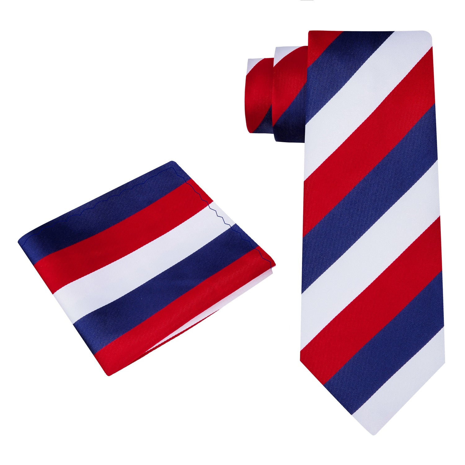 A Dark Blue, Red and White Block Stripe Necktie and Pocket Square