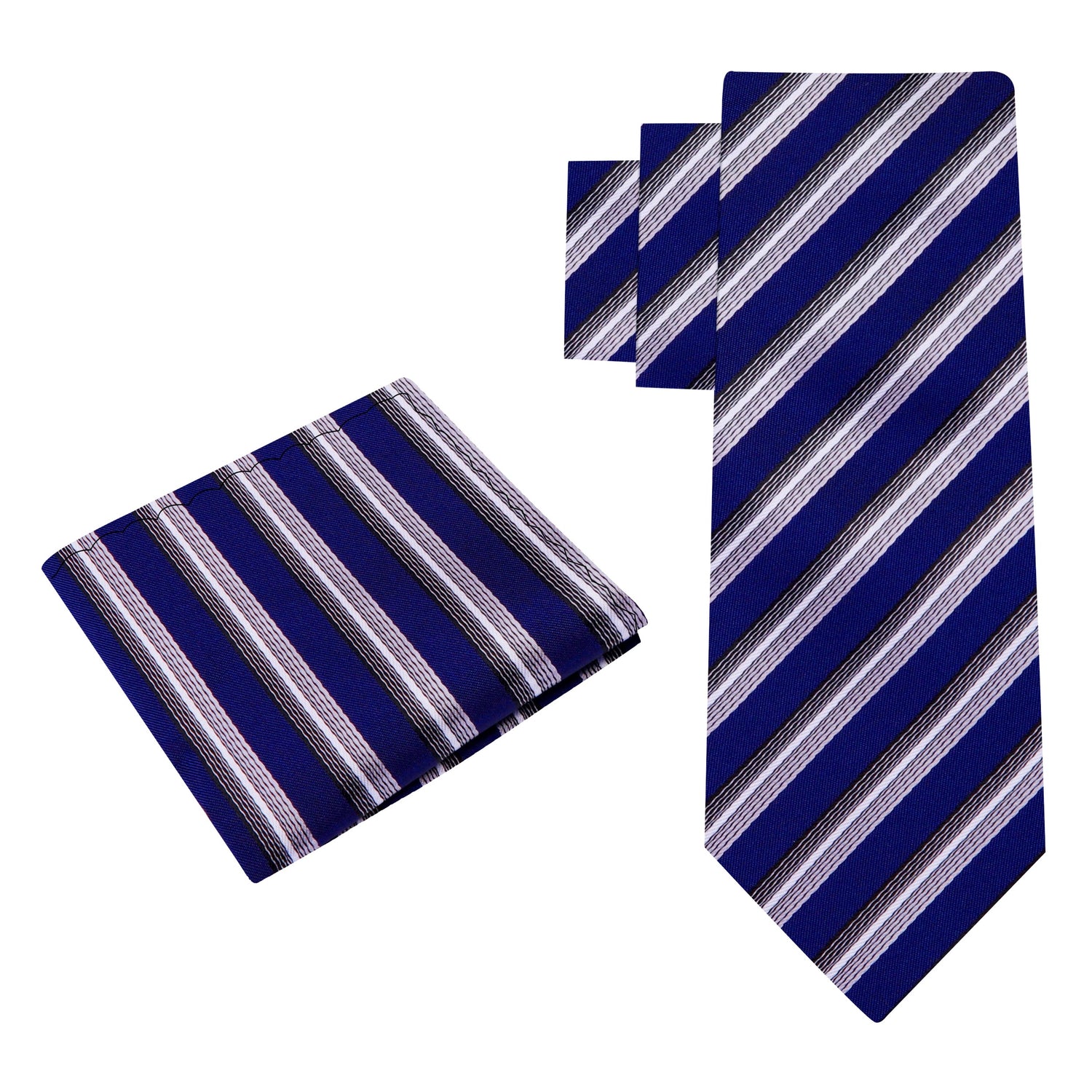 View 2 Blue, Grey Stripe Tie and Pocket Square