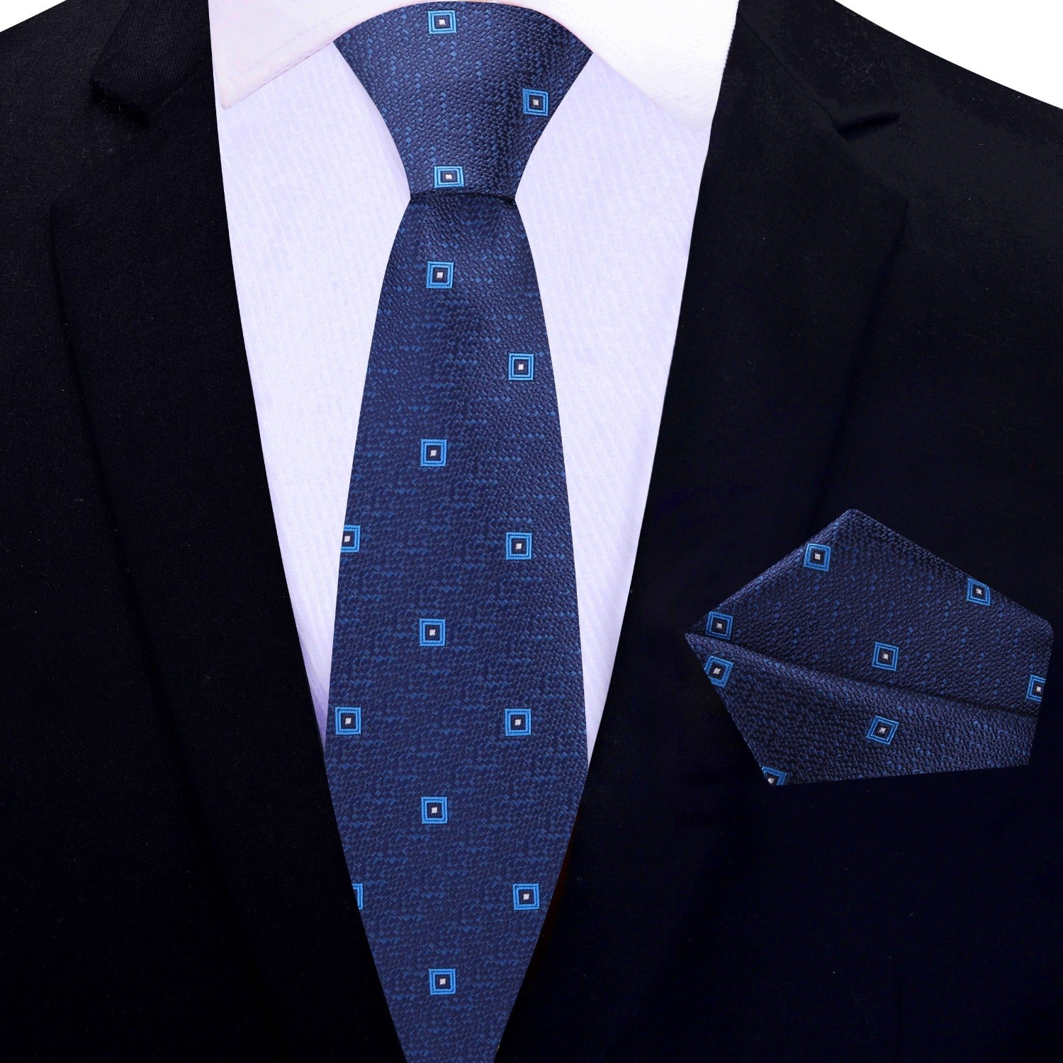 Thin Tie: Dark Blue, Light Blue Small Geometric Tie and Pocket Square