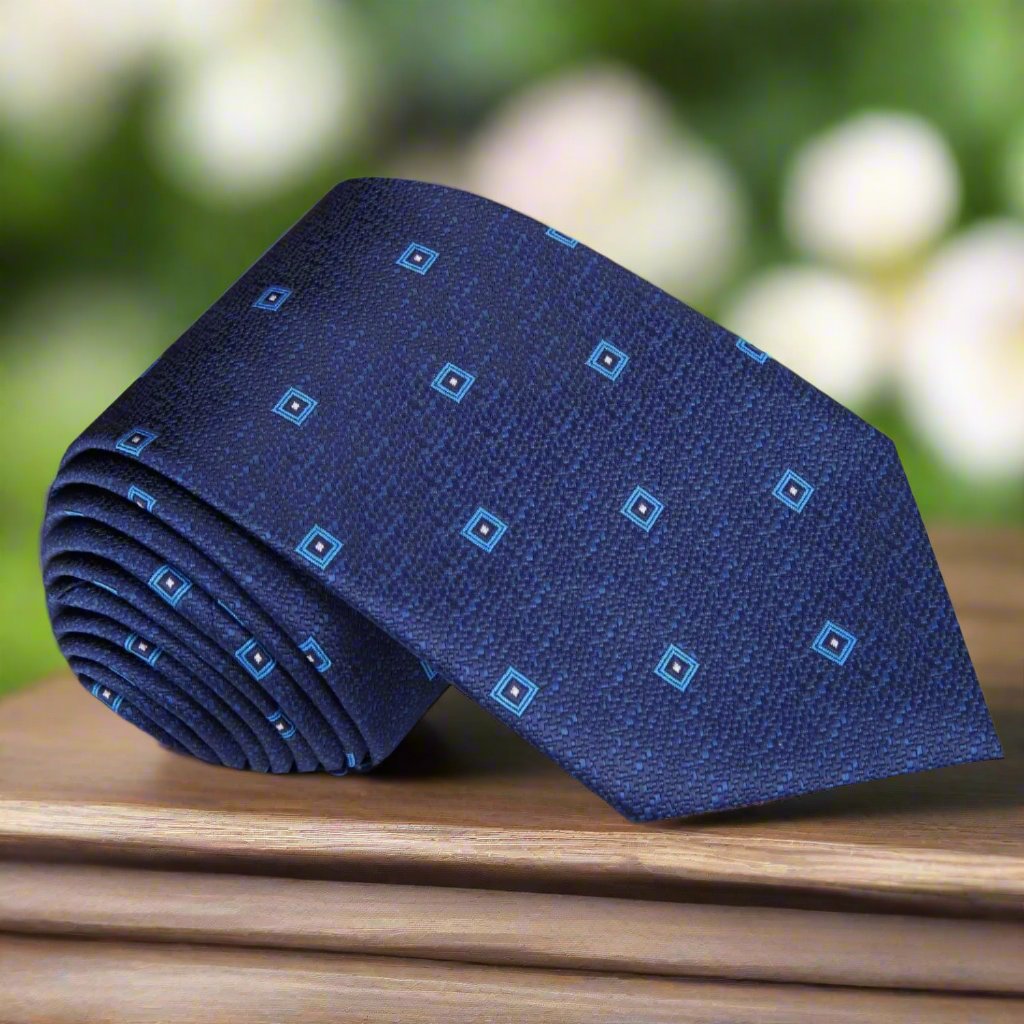 Single Tie: Dark Blue, Light Blue Small Geometric Tie  