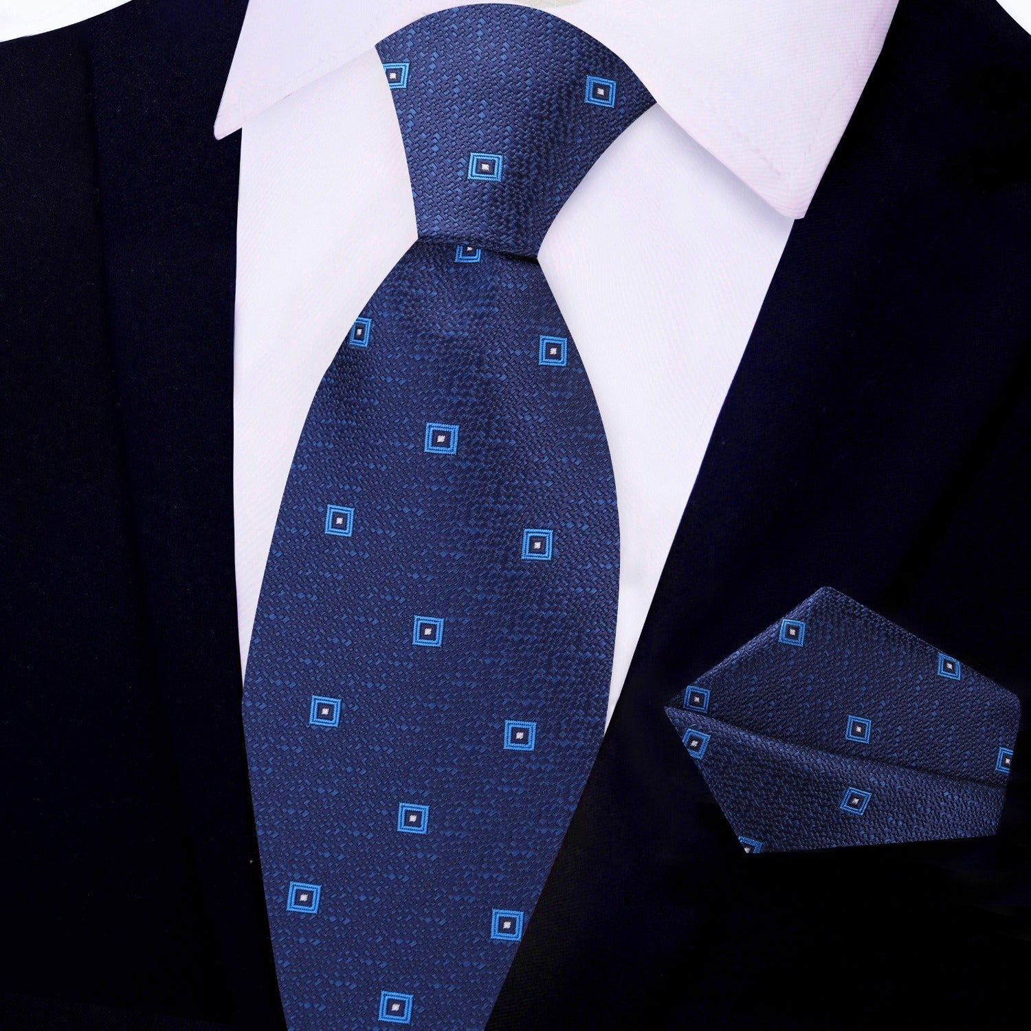 View 2 Dark Blue, Light Blue Small Geometric Tie and Pocket Square