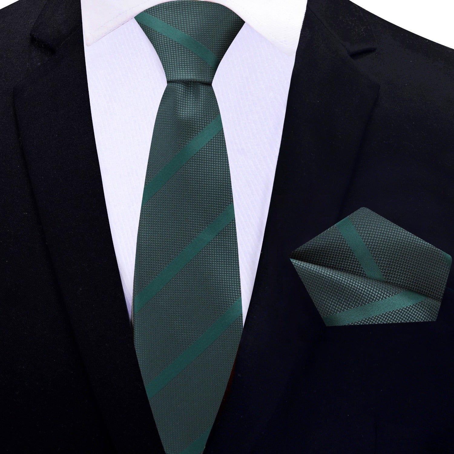 Thin Tie: Deep Green Stripe Tie and Pocket Square