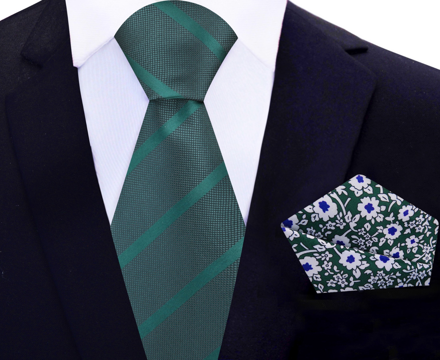 Deep Green Stripe Tie with Accenting Green, Blue and White Floral Pocket Square