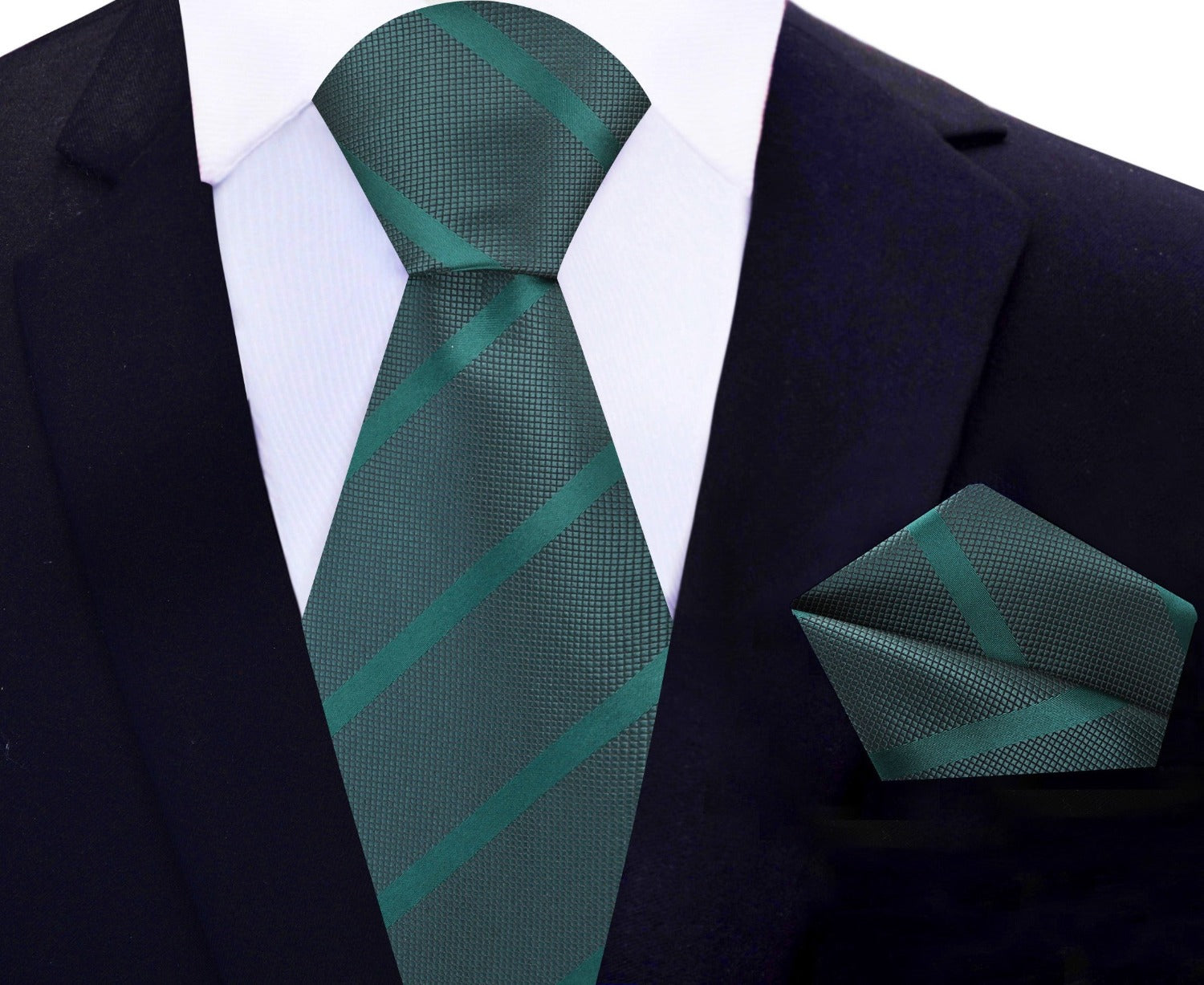 Main View: Deep Green Stripe Tie and Matching Pocket Square