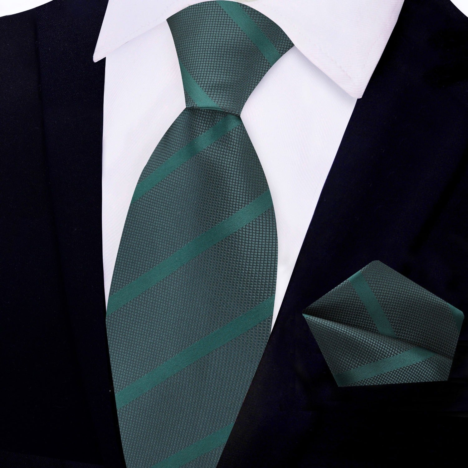 View 2:  Deep Green Stripe Tie and Pocket Square