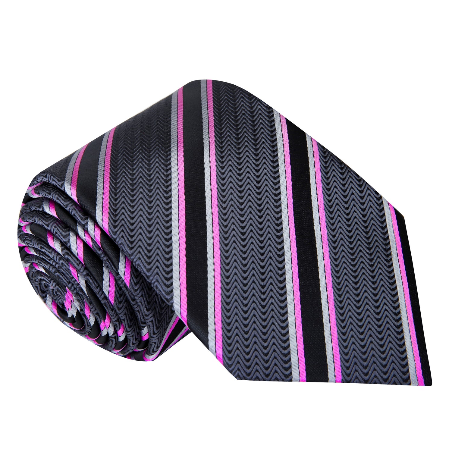 A Grey, Dark Charcoal, Pink, White Stripe Pattern Silk Necktie