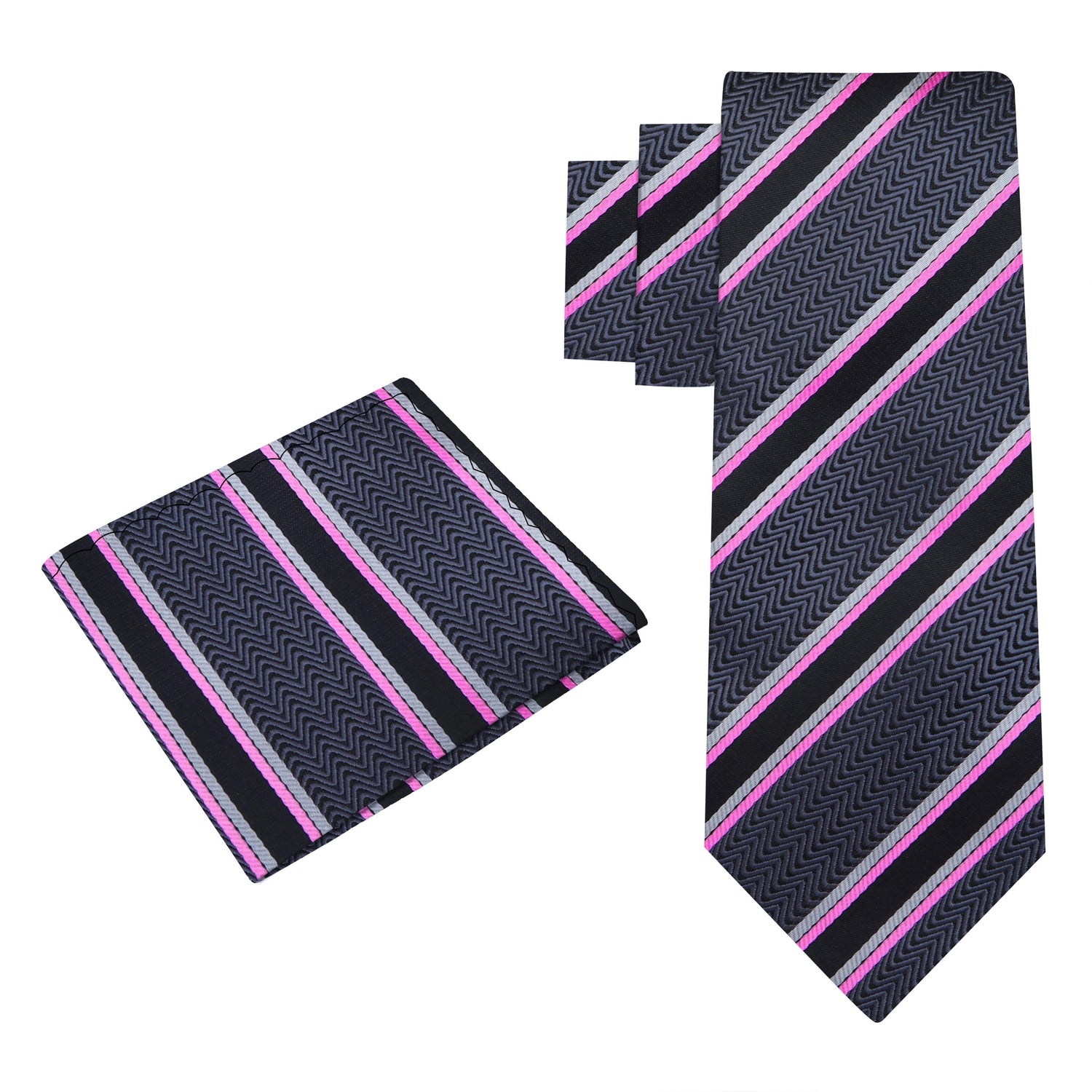 Alt View: A Grey, Dark Charcoal, Pink, White Stripe Pattern Silk Necktie, Pocket Square